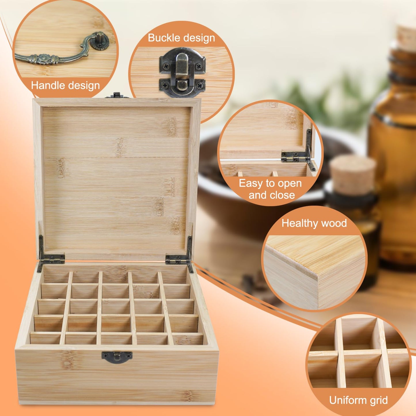 RoseFlower Bamboo Essential Oil Storage Box Home Fragrance Carrier Case, Holds 25 Bottles for 5, 10, 15ml