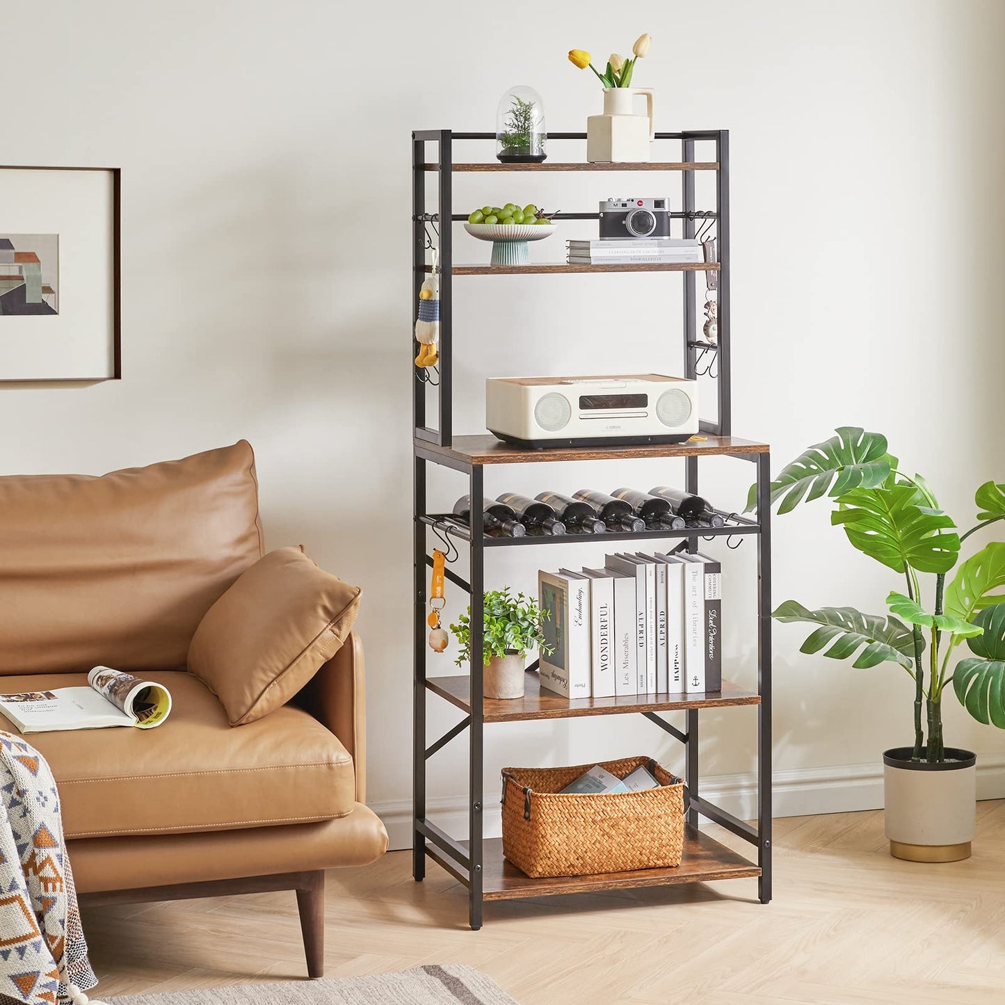 YMYNY Kitchen Baker's Rack, Microwave Oven Stand with Storage Shelves, Industrial Coffee Bar Station, with Adjustable Wine Holders and 12 S-Hooks