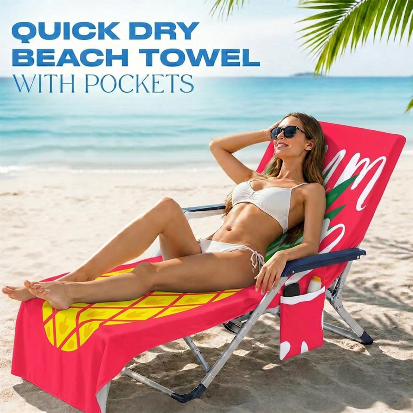 Surwin Sun Lounger Towel with Pockets, 3D Juice Print Quick Dry Beach Towel, Microfiber Sunbed Towels Travel Lounger Bag for Loungers Summer Holiday