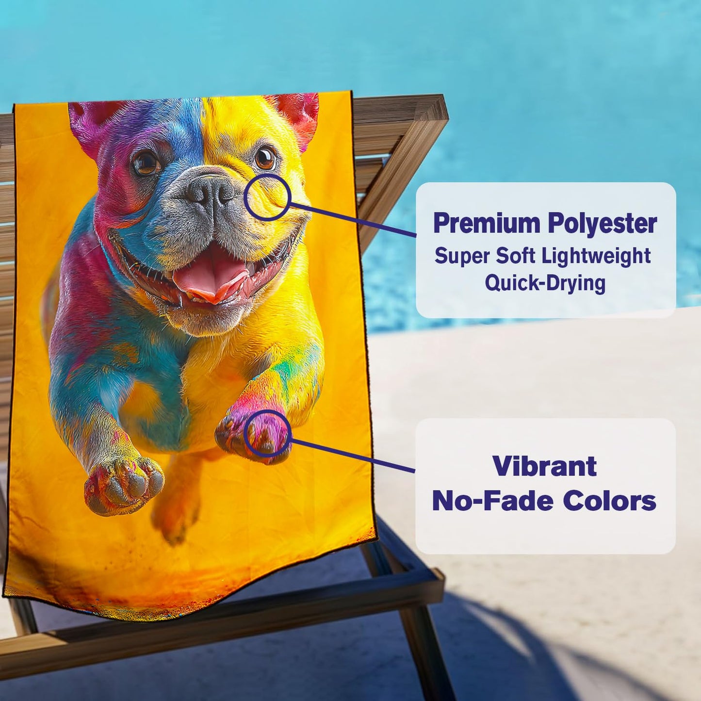 Violetpos Rainbow French Bulldog Beach Towel for Dog Lovers, Extra Large 180x90 cm 250GSM Microfibre, Sand Free Quick Dry