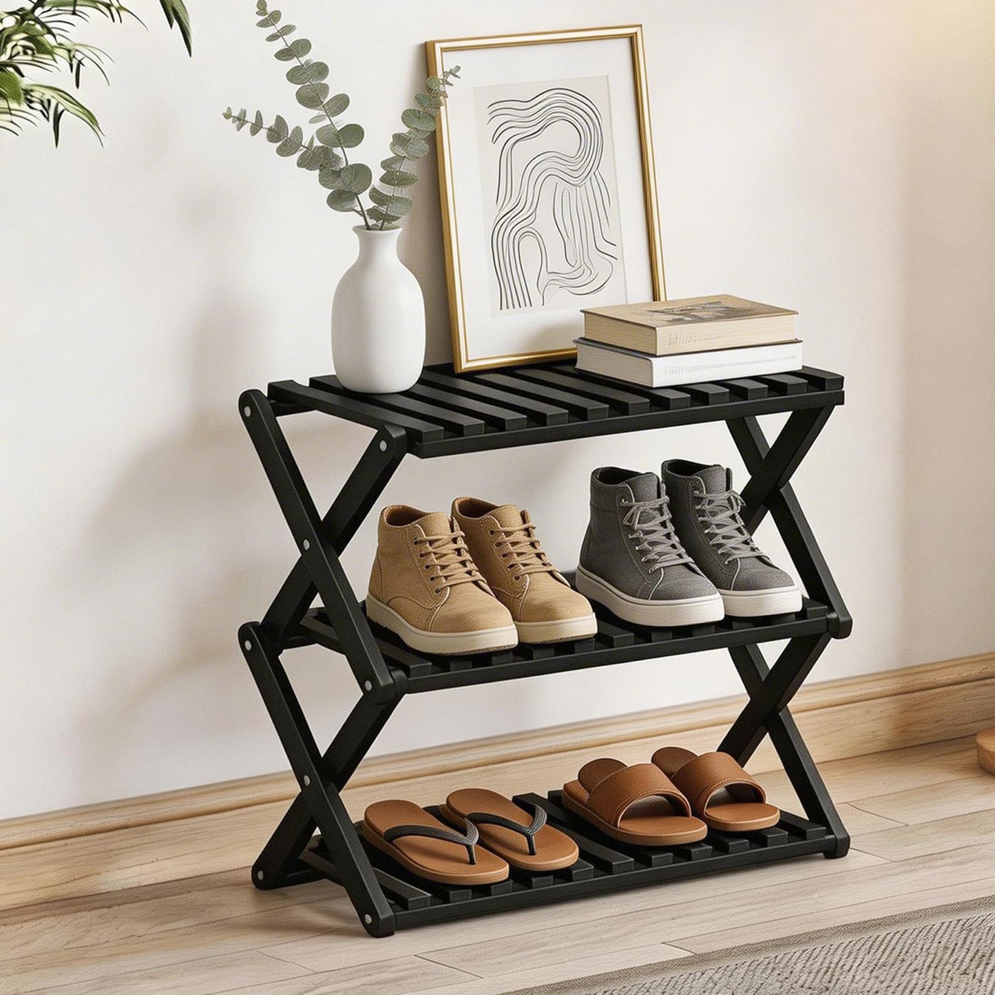 Momleix Folding Shoe Rack Black, 3 Tier Shoe Shelf Without Installation, Sturdy Bamboo Storage Organiser for Entryway Closet and Small Spaces