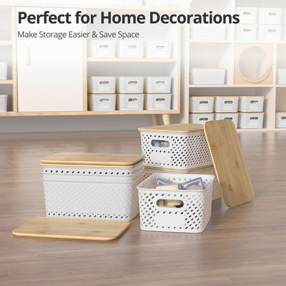 HapiLeap Plastic Storage Baskets With Bamboo Lid, Stackable Plastic Storage Boxes for Organizing Pantry Shelves Drawers Desktop Closet Playroom