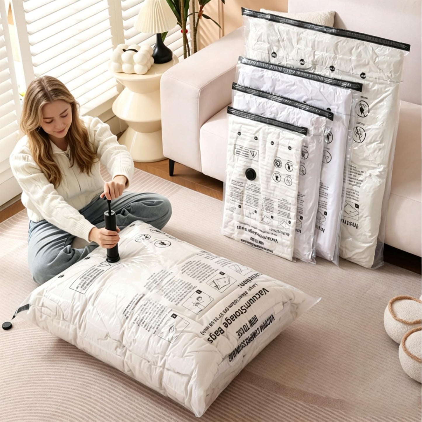 Bighan Vacuum Storage Bags 9 Pack(3 Large + 3 Medium + 3 Small) Reusable Space Saver Bags Vacuum Compression Zipper Storage Bags with Airtight Valve