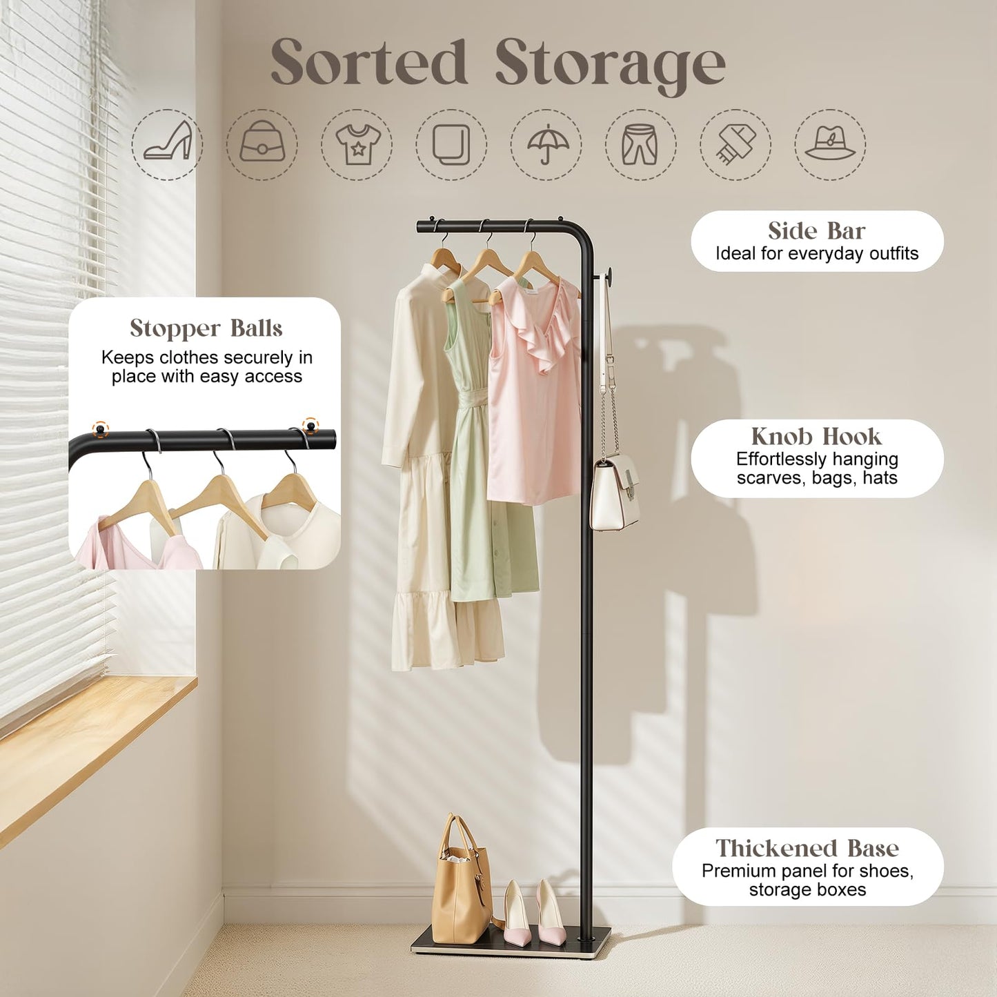 KEYSAFER Metal Coat Stand L- shape Freestanding Clothing Rail 180cm Coat Rack with 1 Hooks for Hanging Clothes Hats and Bags,Stable Rock Base,Clothes