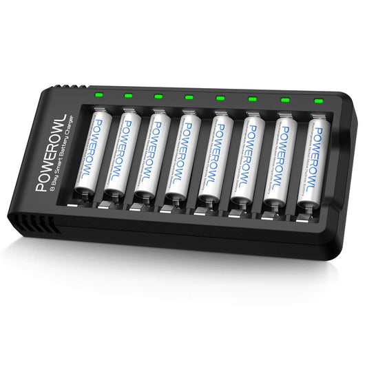 POWEROWL 8 Pcs 1000mAh AAA Rechargeable Batteries and 8 Slot Smart Battery Charger Set, USB Fast Charging for Ni-MH Triple A Batteries