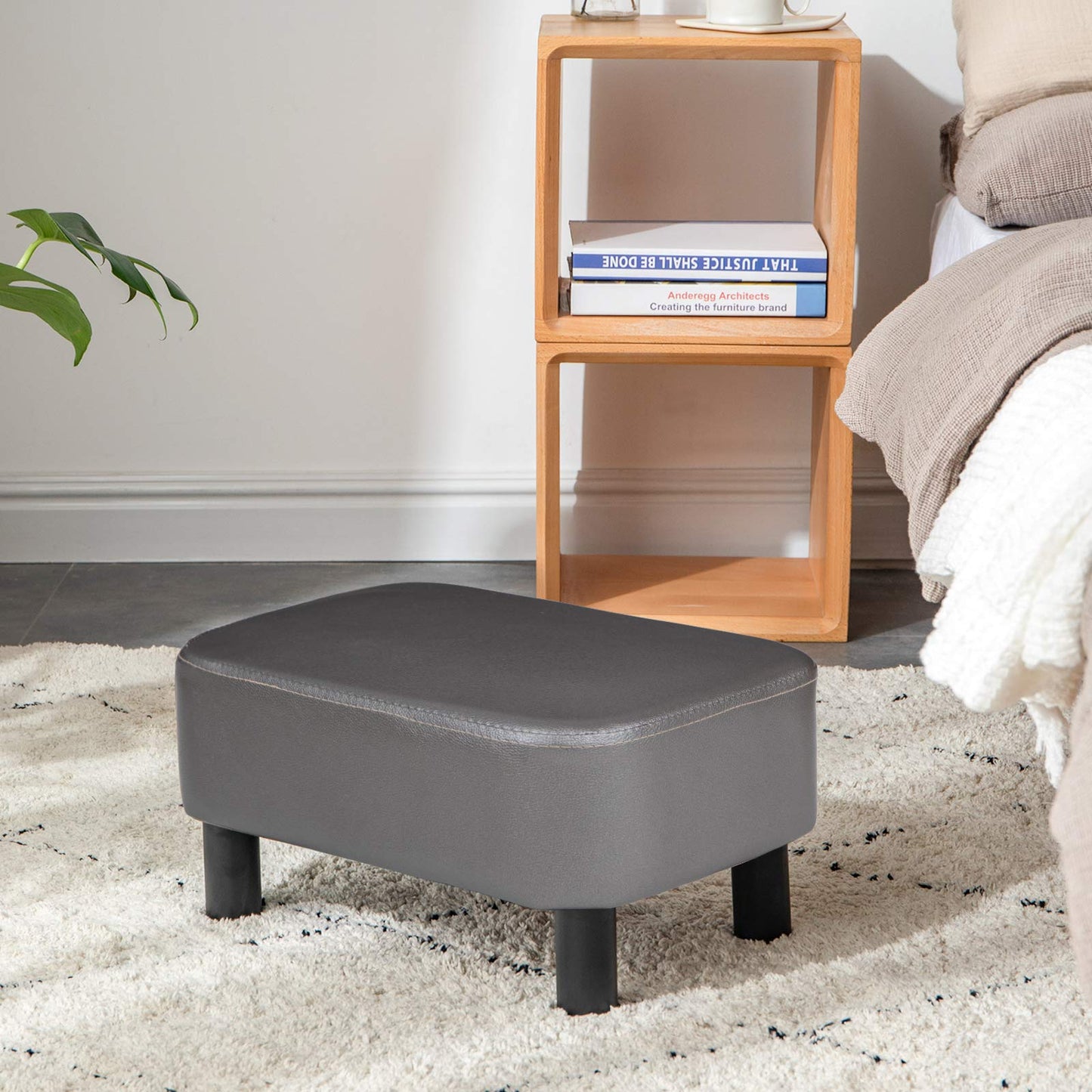 IBUYKE 16.54" Small Footstool PU Leather Ottoman Footrest Modern Home Living Room Bedroom Rectangular Stool, Gray RF-BD211-C