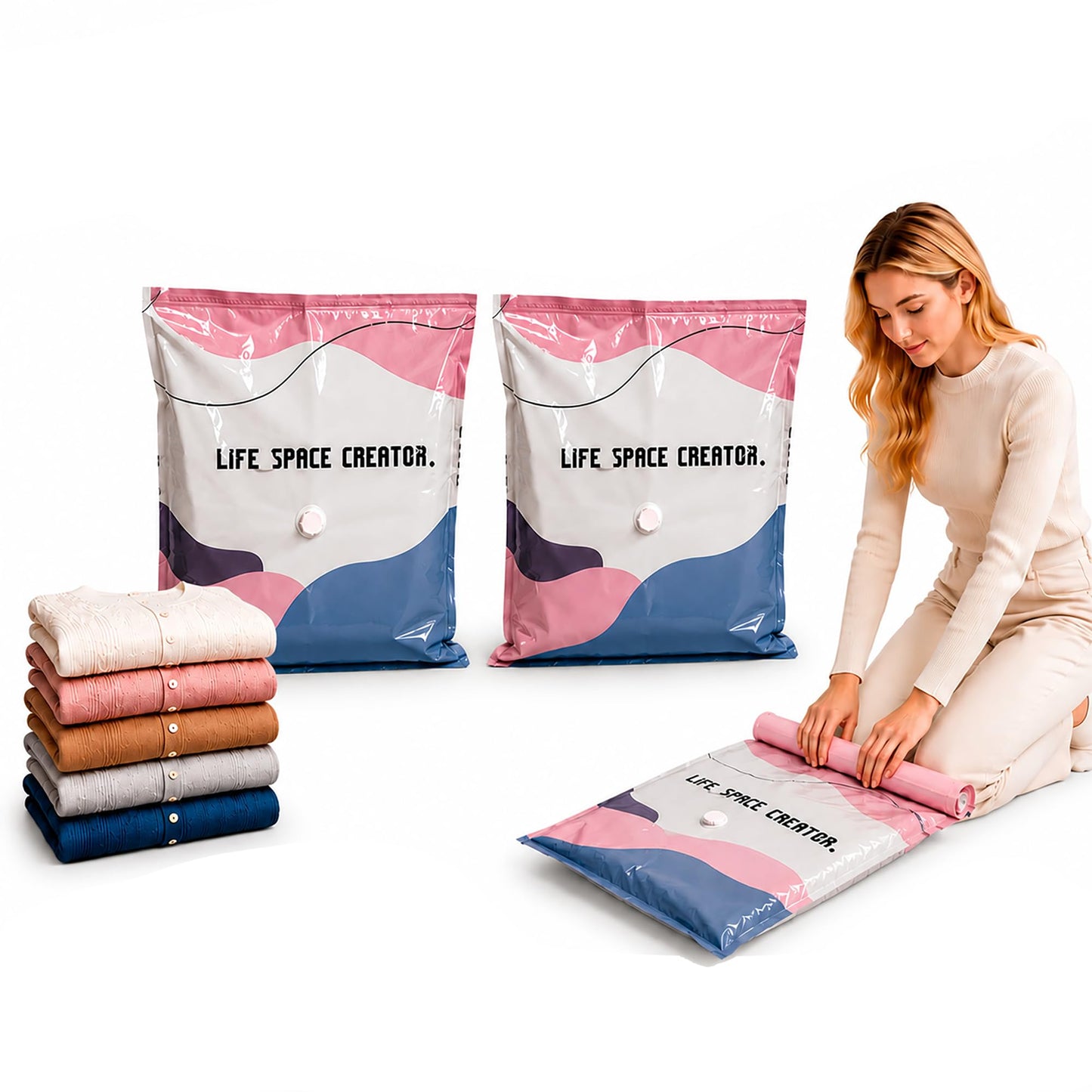MARKIVO No-Pump Vacuum Storage Bags, Medium 2 Pack, Heavy Duty 7-Strand Nylon Space Saver Bags, Press & No Pump Needed Space Saver Bags for Duvets