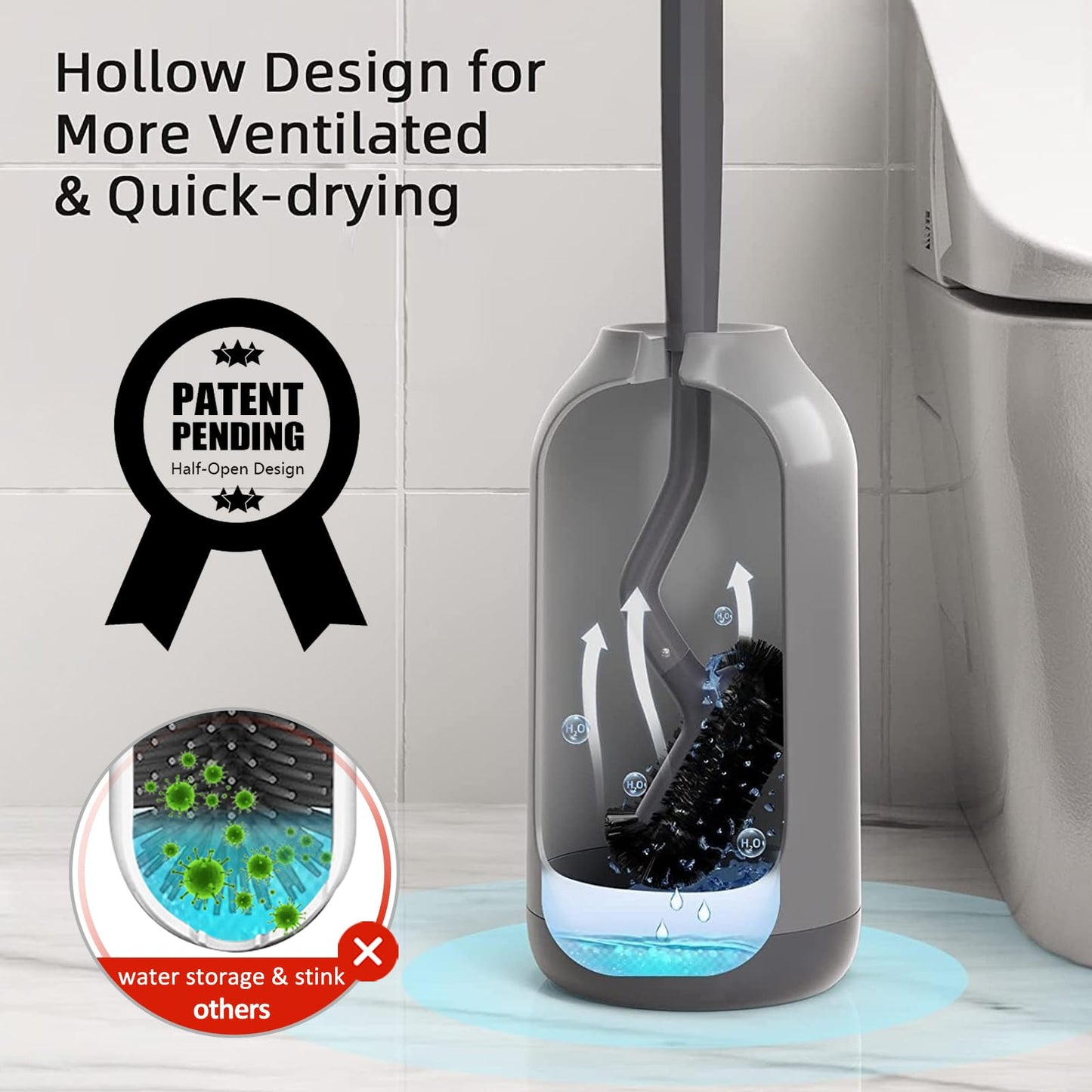 HAMITOR Toilet Bowl Brush Holder Set: Bathroom Deep Cleaning Toilet Cleaner Scrubber Under Rim with Curved Bristle for Dead Corner Clean