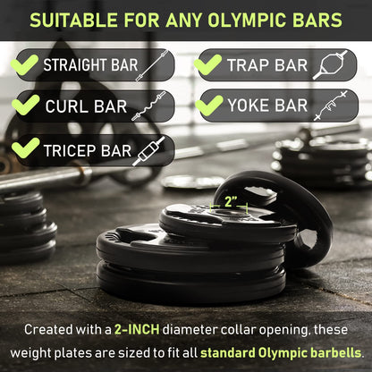 PhysKcal Olympic Weight Plates 2 x 5kg with Rubber Finish 2?? Opening and Tri-Grips, Black Barbell Plates Discs in Pair or Single for Lifting and