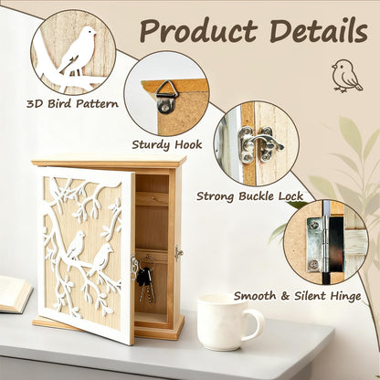 Wooden Key Cabinet, White Bird Wood Key Cupboard Wall Mounted Vintage Wooden Key Storage Box 26 × 20 × 6cm with 6 Hooks Can Store Jewelry and Small