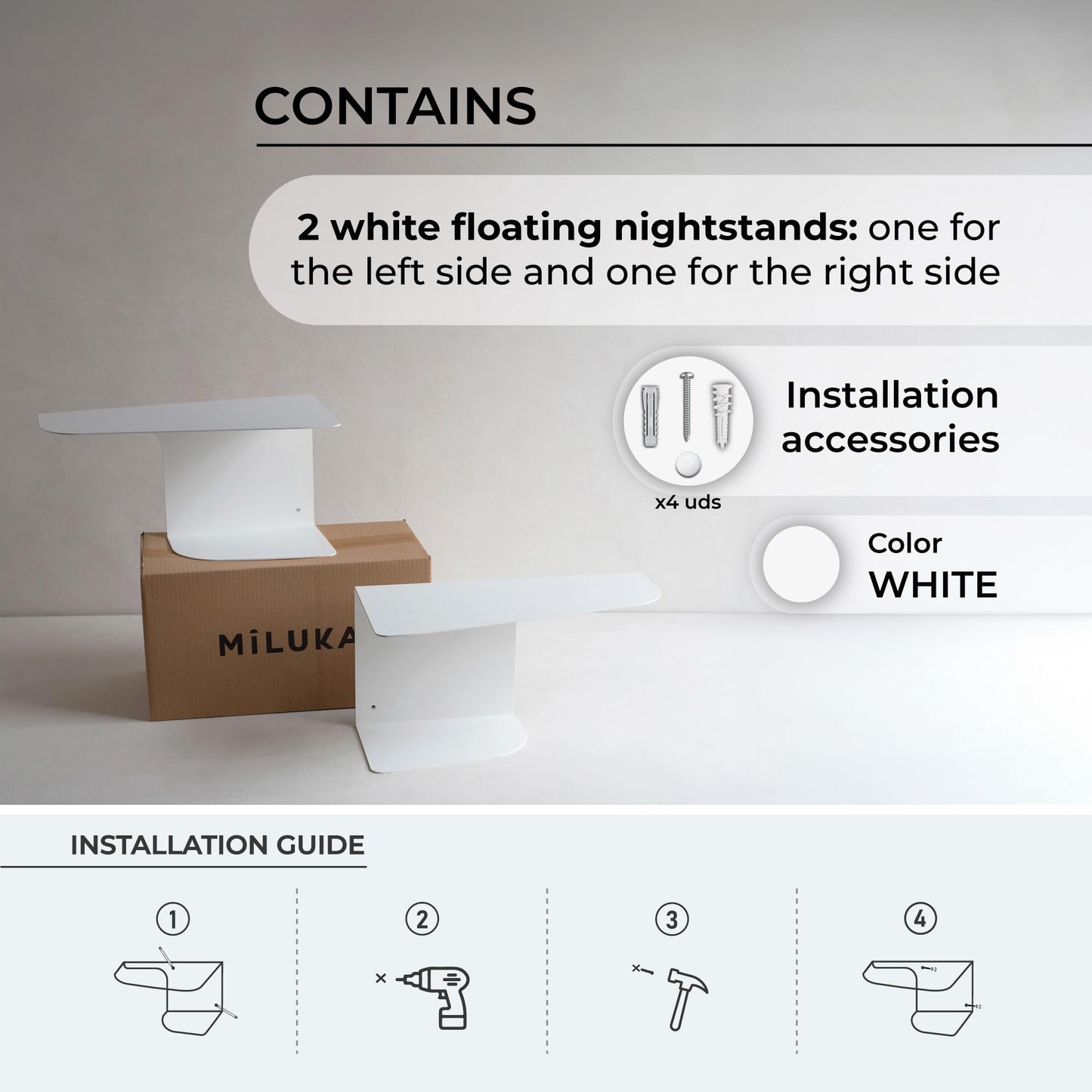 MILUKA Narrow Bedside Table Set of 2 | Minimalist White Nightstands 40 X 20 cm | Two-Shelf Modern Design