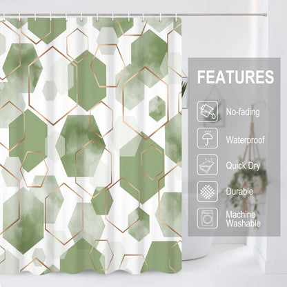GCIREC Shower Curtain, 180x200cm, Green Modern Abstract Art Watercolor Geometric Grid Waterproof Fabric Machine Washable Bathroom Curtain with Hooks