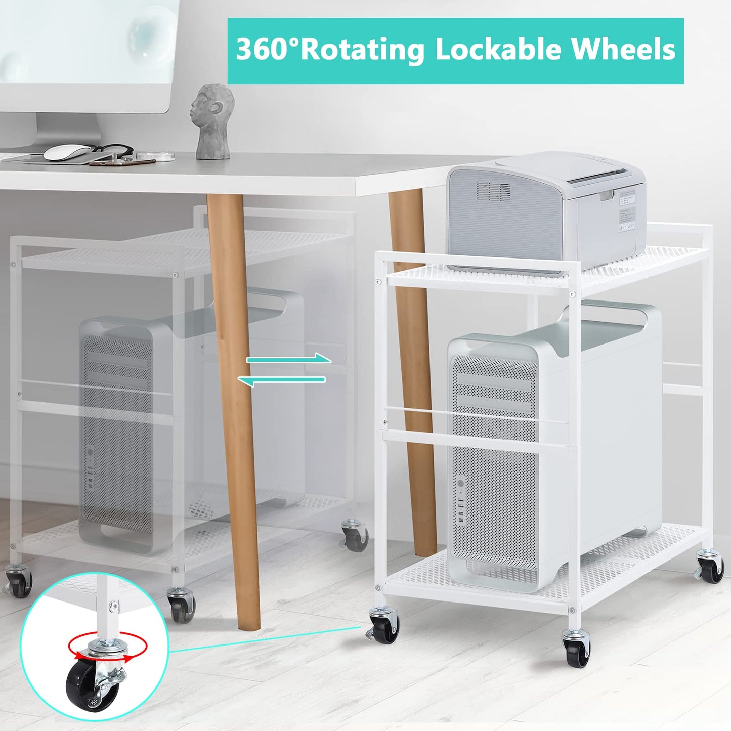 YBING Computer Tower Stand White PC Tower Stand 2 Tier CPU Holder Stand with Wheels Metal Mobile Computer Tower Cart Rolling PC Stand Floor for Fax