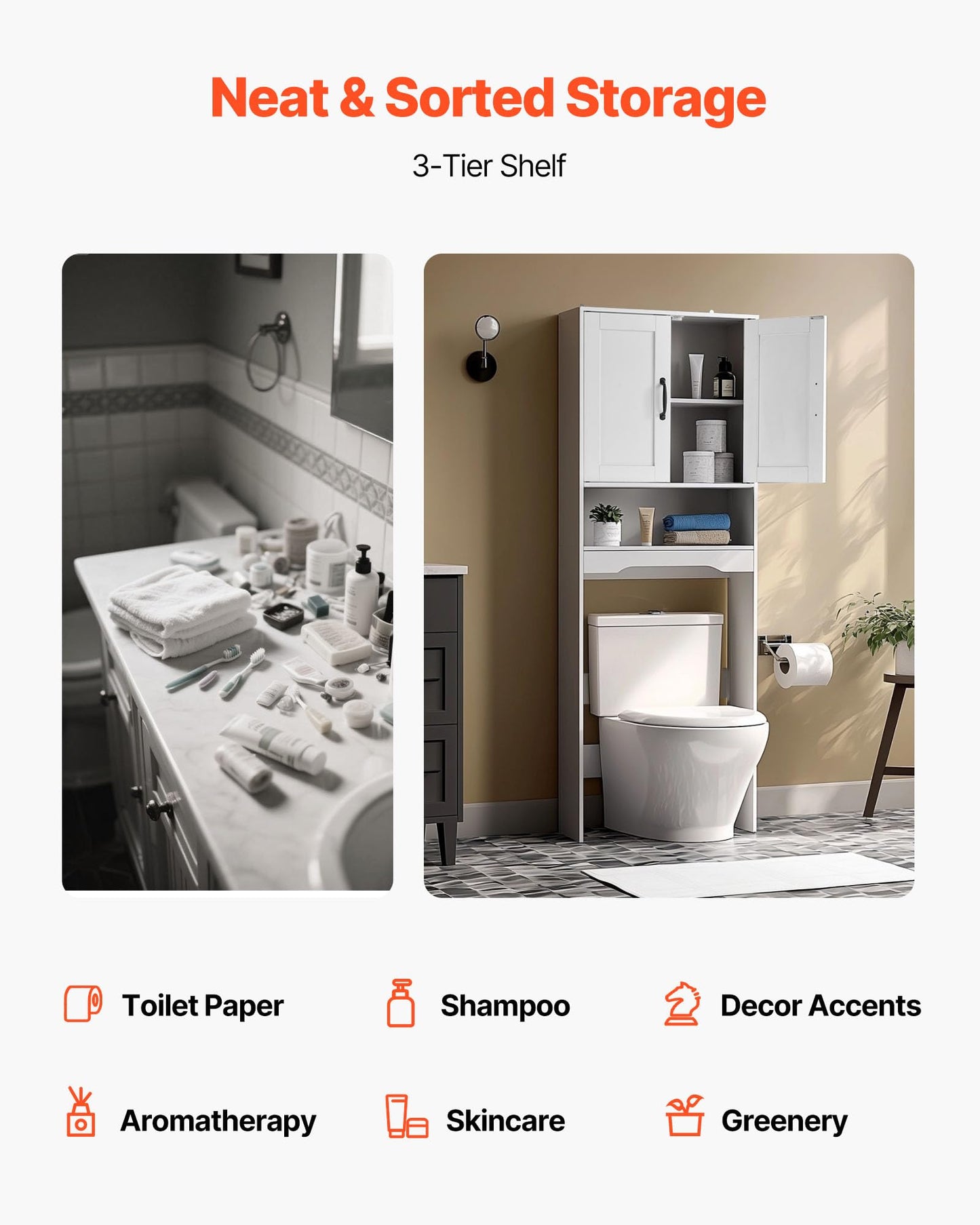 VEVOR Over The Toilet Storage Cabinet, 65 in Height Bathroom Storage Organizer with Double Door and Adjustable Shelf
