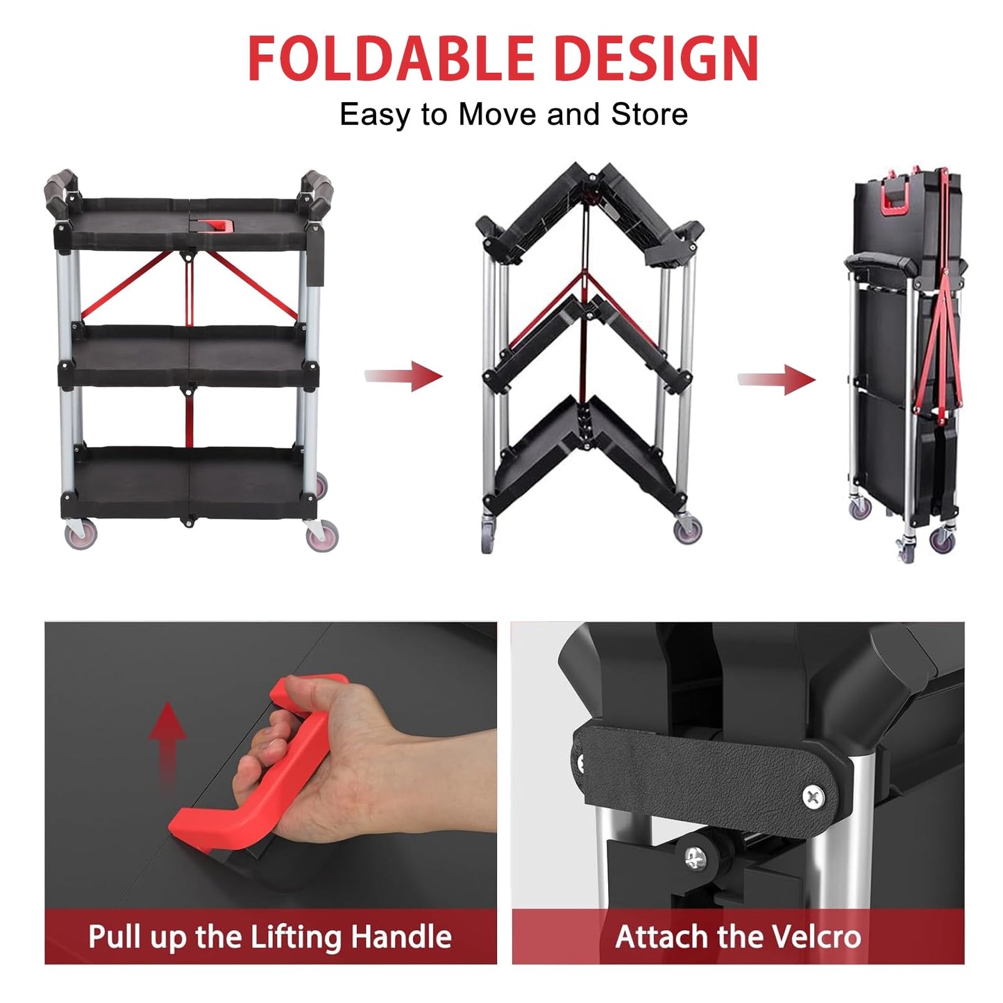 uyoyous 3-Tier Service Carts Folding Rolling Utility Cart Heavy Duty Metal Frame Tool Cart with Lockable Silent Wheels Supports Up to 200 lbs for