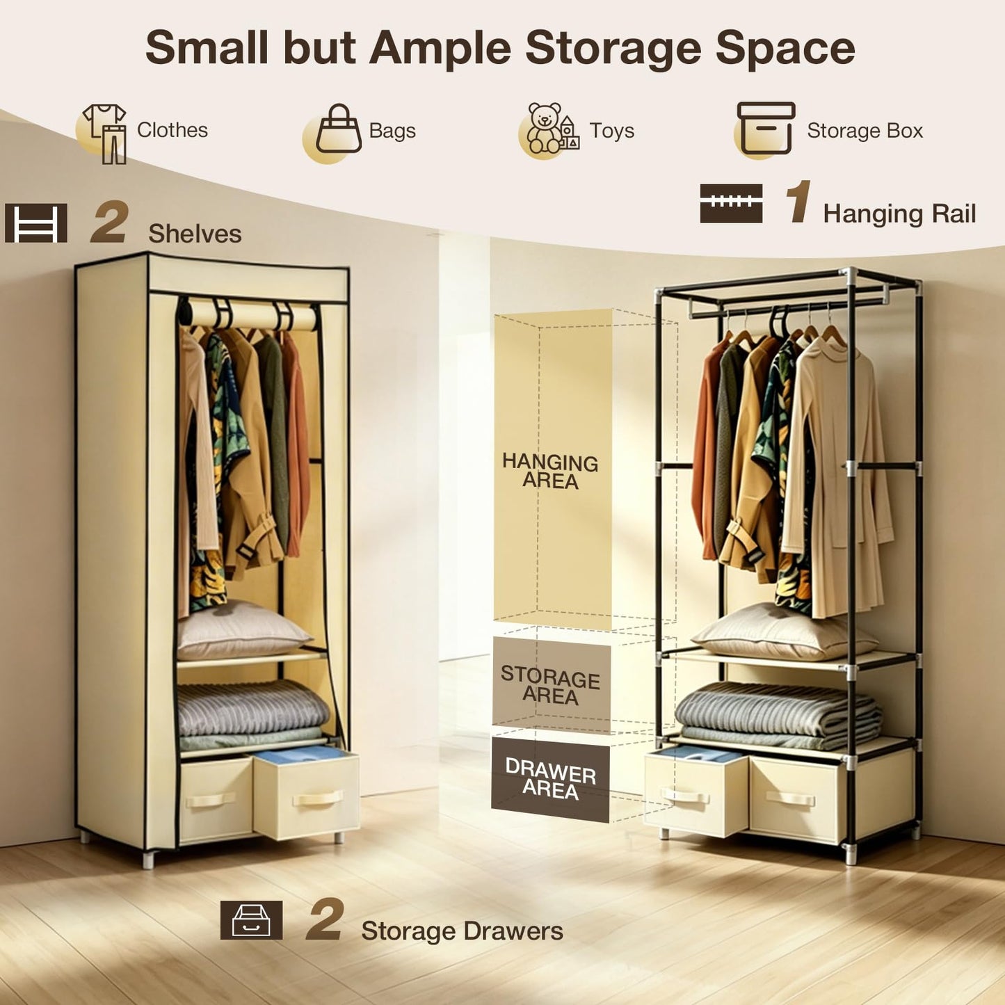 Single Canvas Wardrobe with 2 Drawers and Hanging Rail 160 x 59 x 43CM