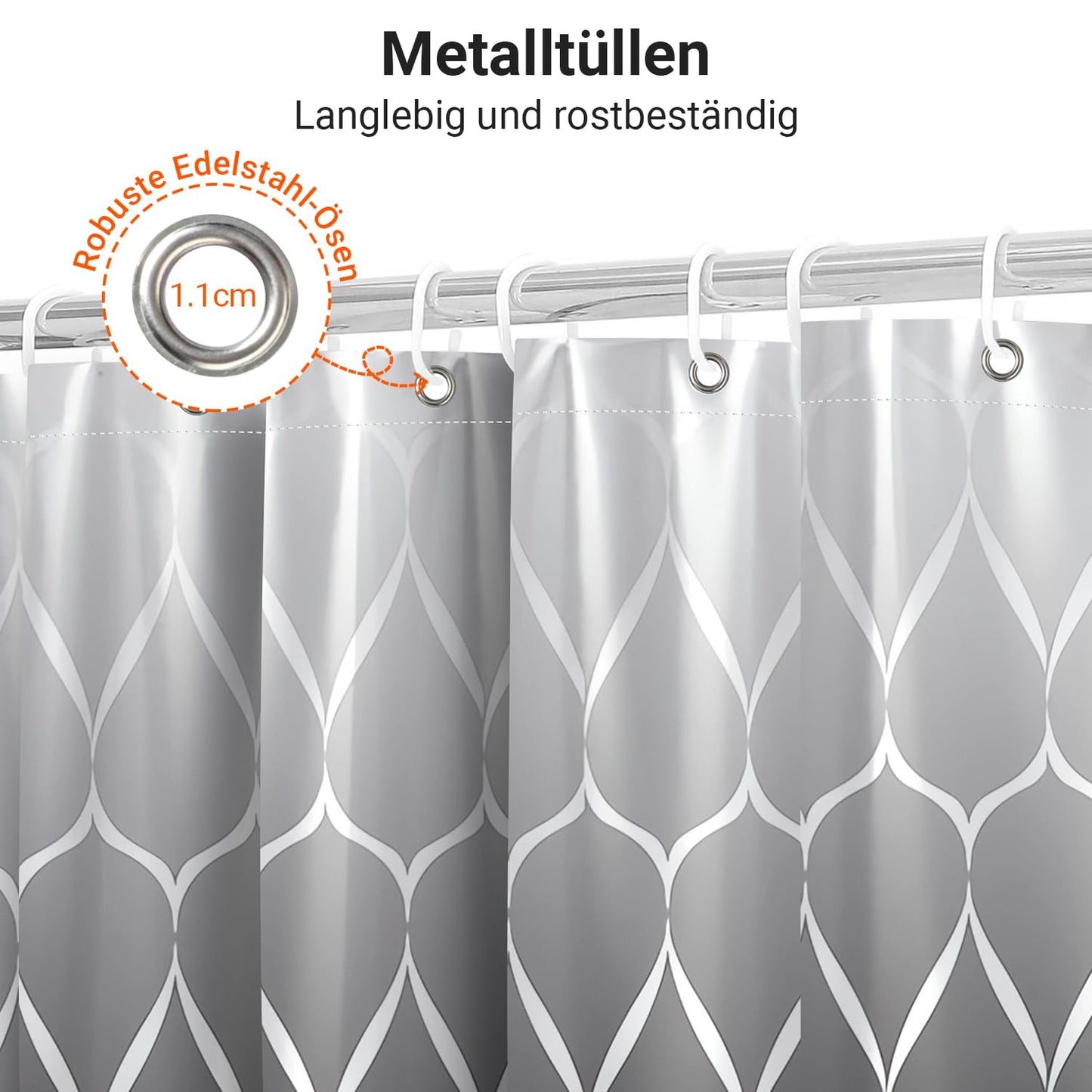Shower Curtain 120 x 200 cm Gradient Black Water Drops, Weighted Hem, Anti-Mould Textile, Water-Repellent