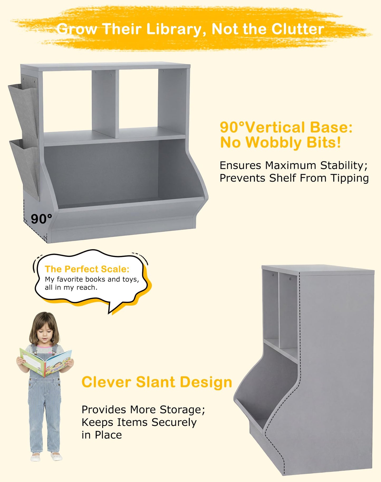 iSunirm Kids Bookshelf with Toy Storage, 70cm Grey Wooden Children’s Bookcase, Floor Book Shelf and Toy Organiser with Side Pocket and Anti-Tip Kit