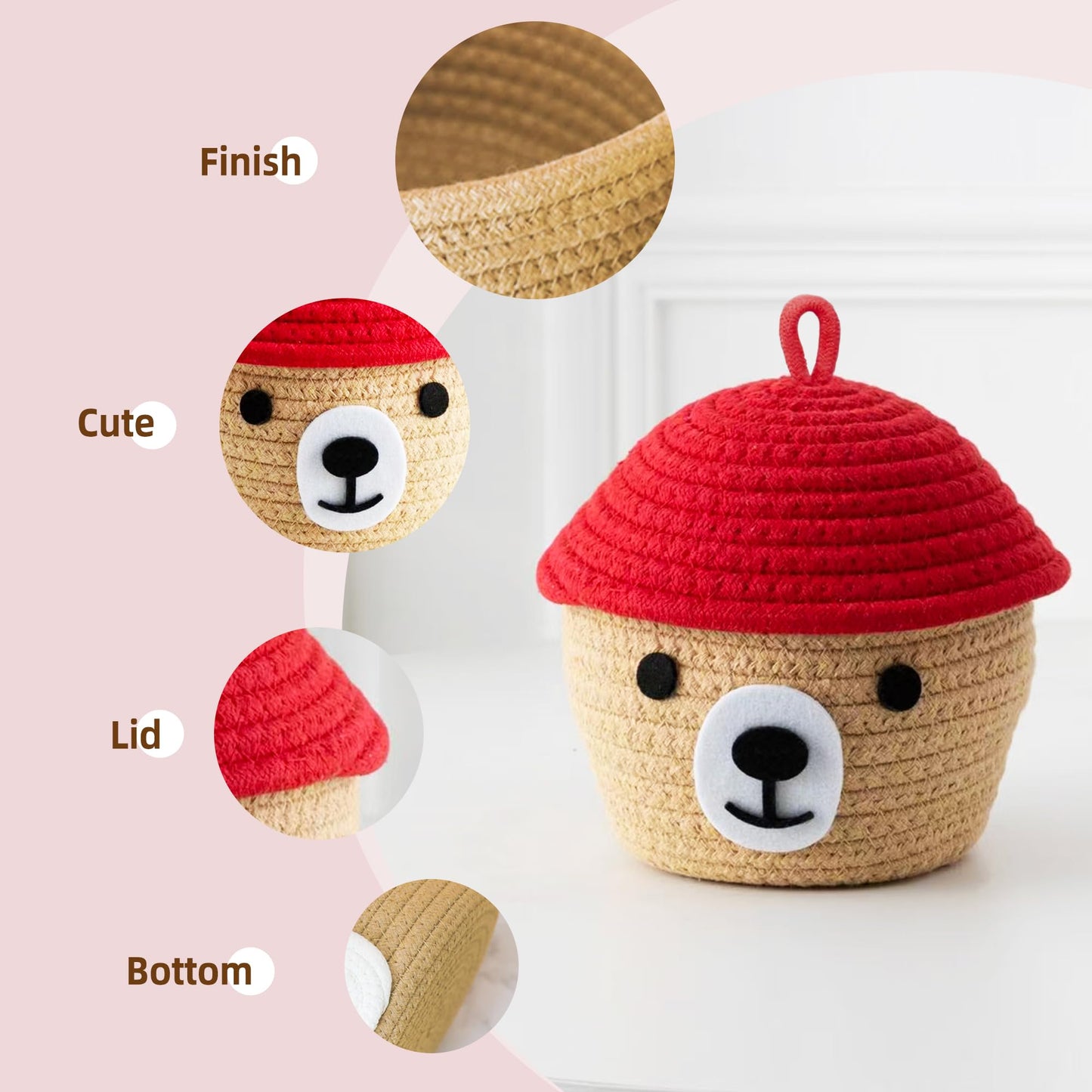 Hand Woven Cotton Rope Bear Basket - Home Storage, Decorative for Children's Bedroom and Living Room, Dedicated for Toys, Keys and Accessories