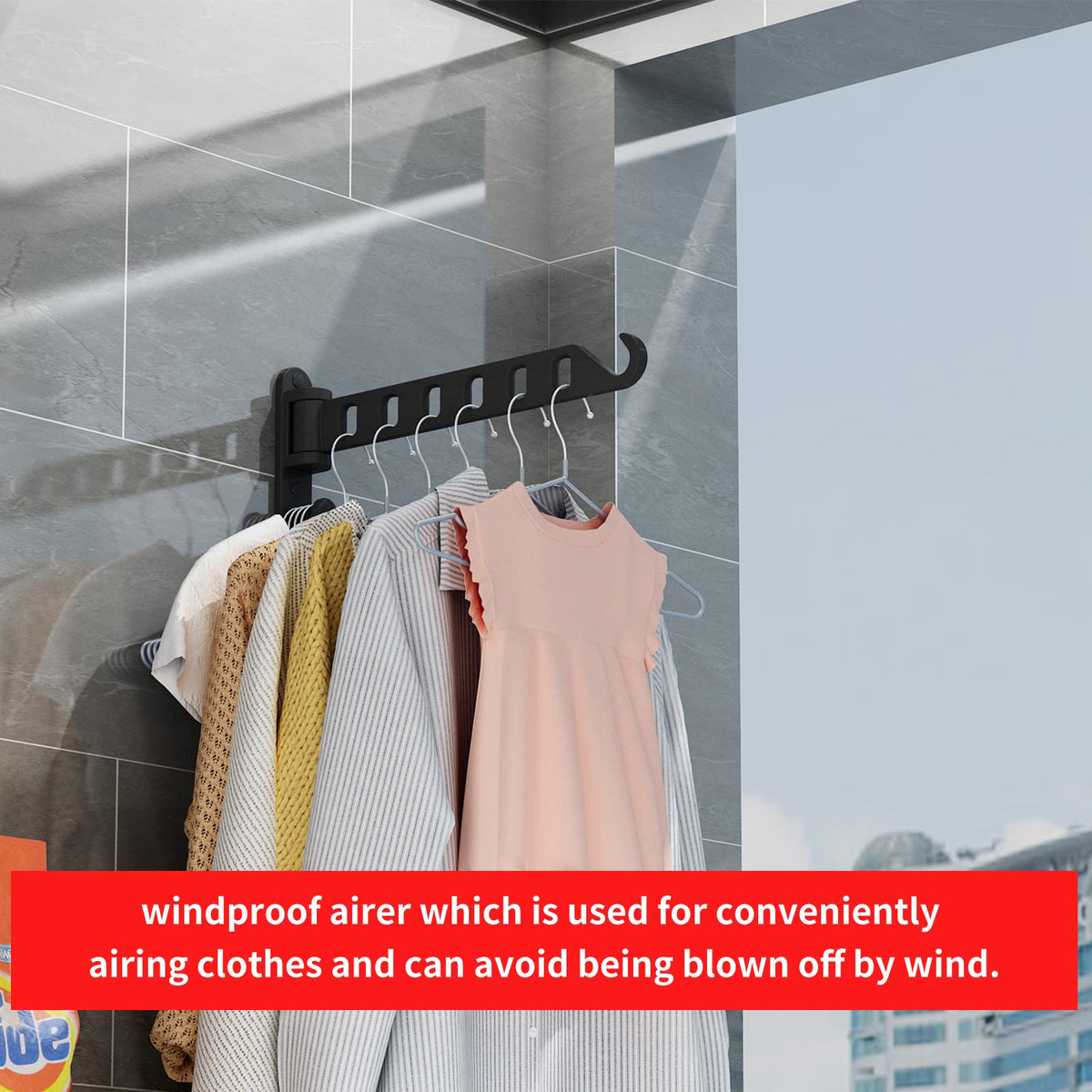 JOOM Wall Mount Drying Rack Foldable, 6 Hook Clothes Hanger Swing Arm Black