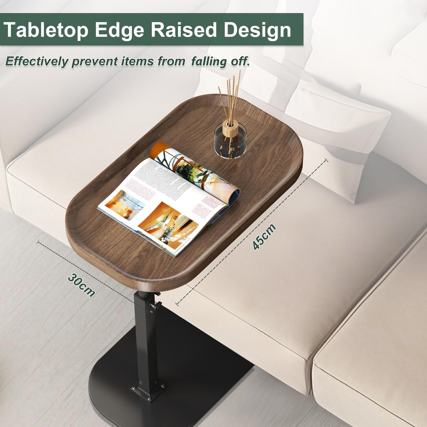 Adjustable Height C Shaped Side Table, Lift up Laptop Tv Tray for Sofa and Bedside, 360°Swivel Small Coffee C Table, Modern Under Sofa Table