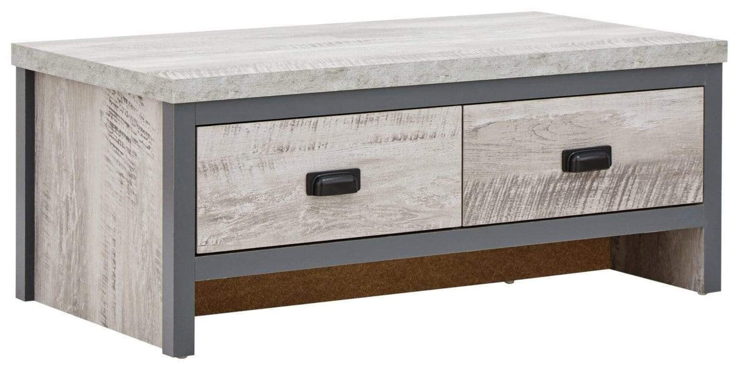 GFW Boston Grey Wood Effect Coffee Table, 2 Drawer Storage Coffee Table with Industrial Design and Chunky 30mm Top