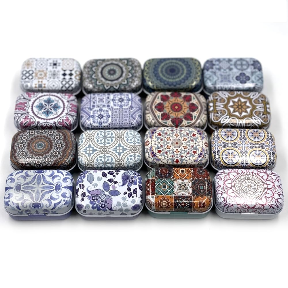 CCUUHJ 8 Pack Rectangular Small Tin Box Metal Hinged Tins for Candies Jewelry, 6X4X2.5 CM (Ethnic Pattern)