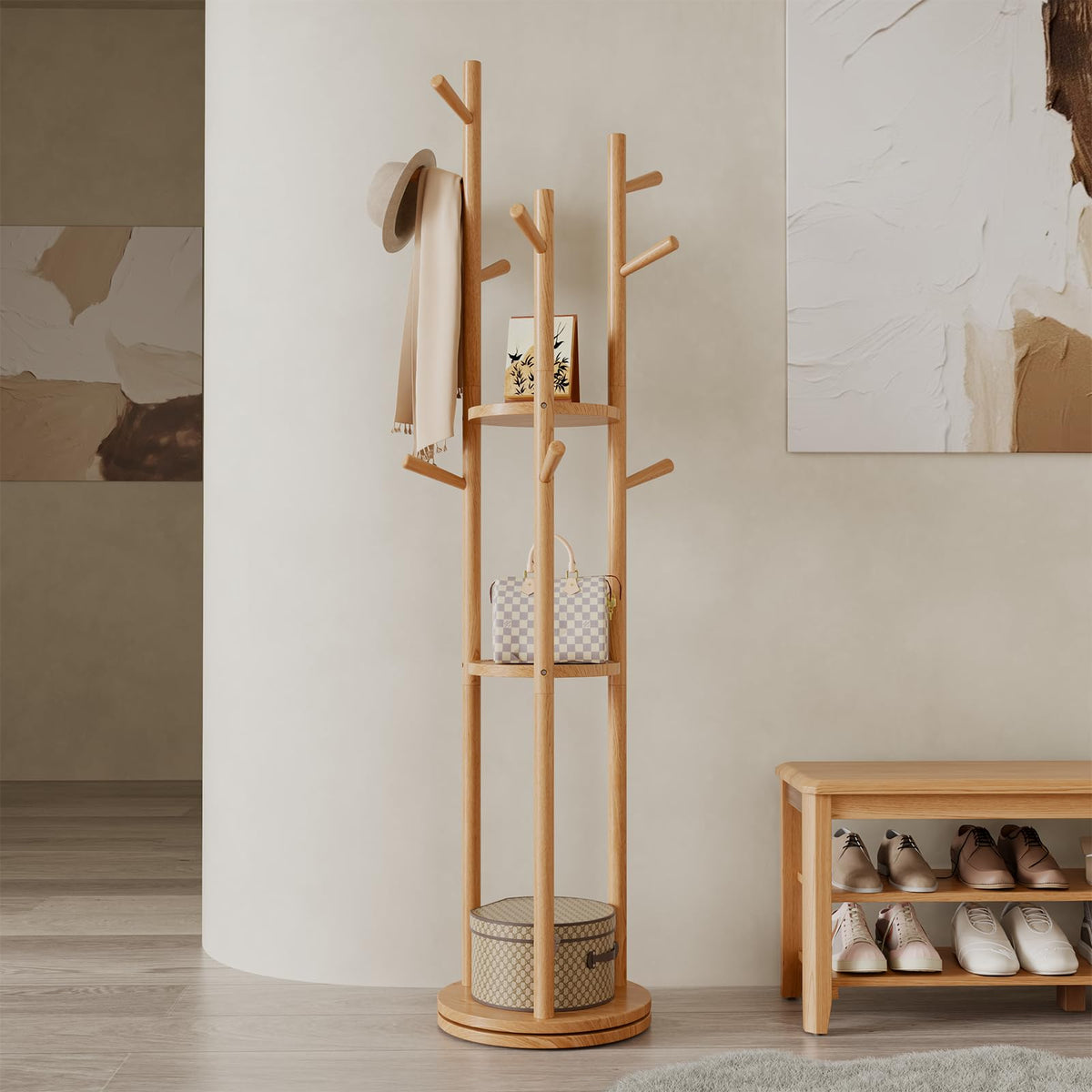 AQIMUELE Coat Stand, Wooden Coat Rack Stand with 3 Storage Shelves and 9 Hooks, Freestanding - Rotatable Coat Hanger Stand