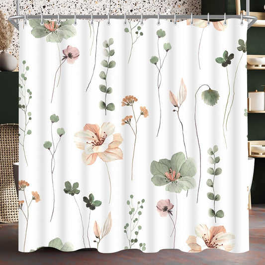 Lerores Shower Curtain, 180 x 180 cm, Sage Green Flower, Weighted Hem, Anti-Mould, Water-Repellent, Washable Polyester Bath Curtains with 12 Eyelets