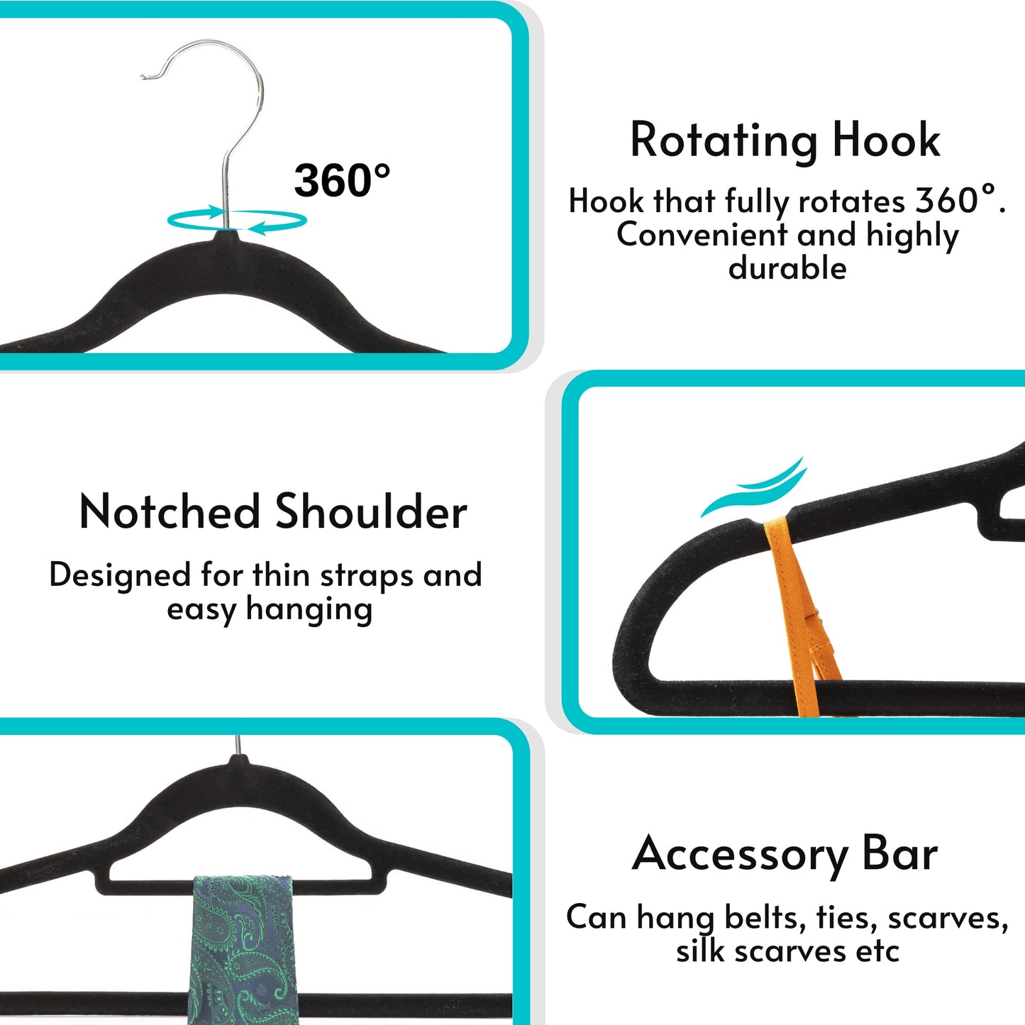 Livel 50 Velvet Suit Hangers - Heavy Duty Black Clothes Hangers With Non-Slip Premium Finish - 360 Degree Swivel Hook for Coats, Jackets, and Trousers