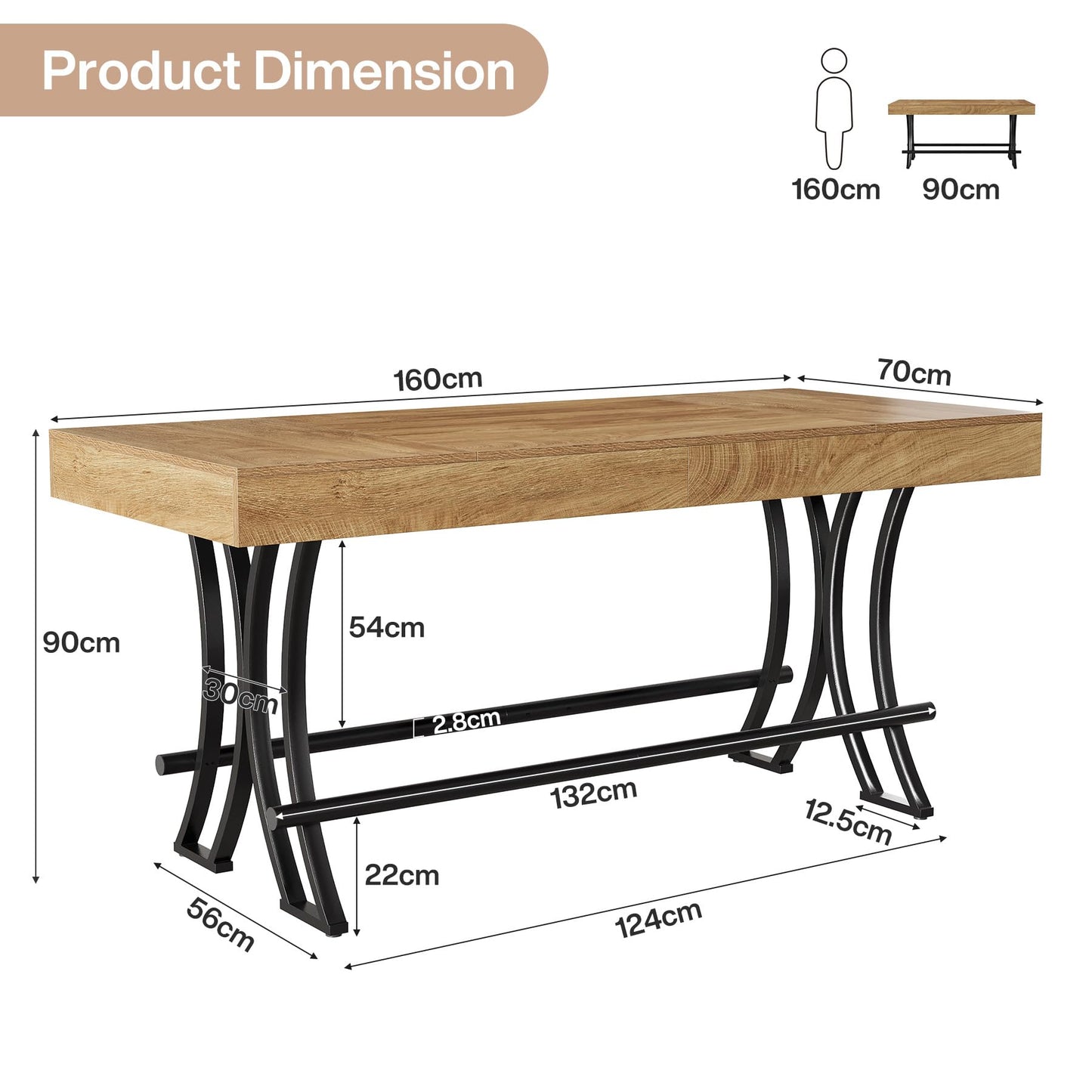 Tribesigns 90CM Tall Bar Pub Table with Metal Footrest,160CM Rectangular Counter Height Kitchen Dining Table