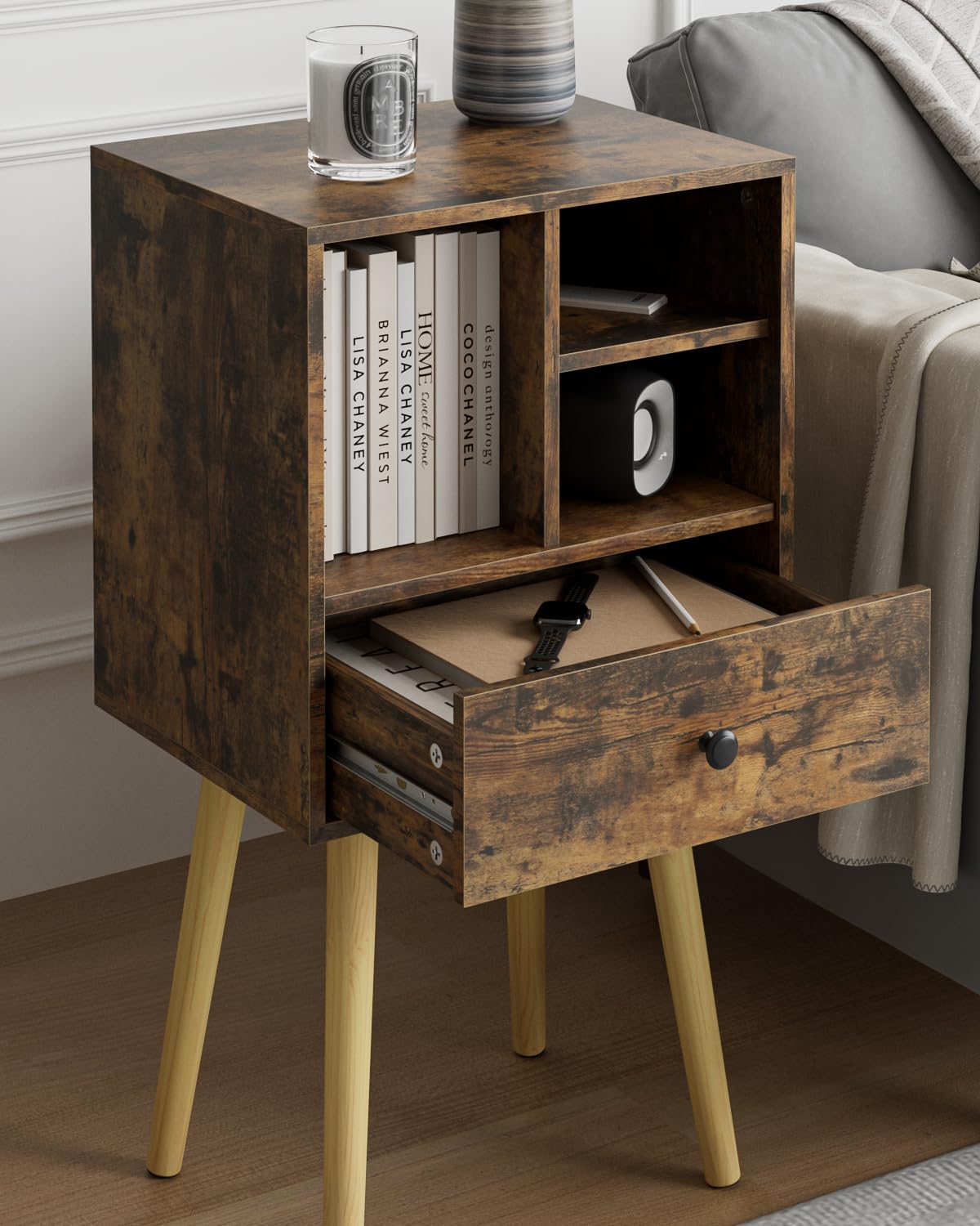 HEYZOEY Wooden Nightstand Mid-Century Modern Bedside Table, Rustic Brown