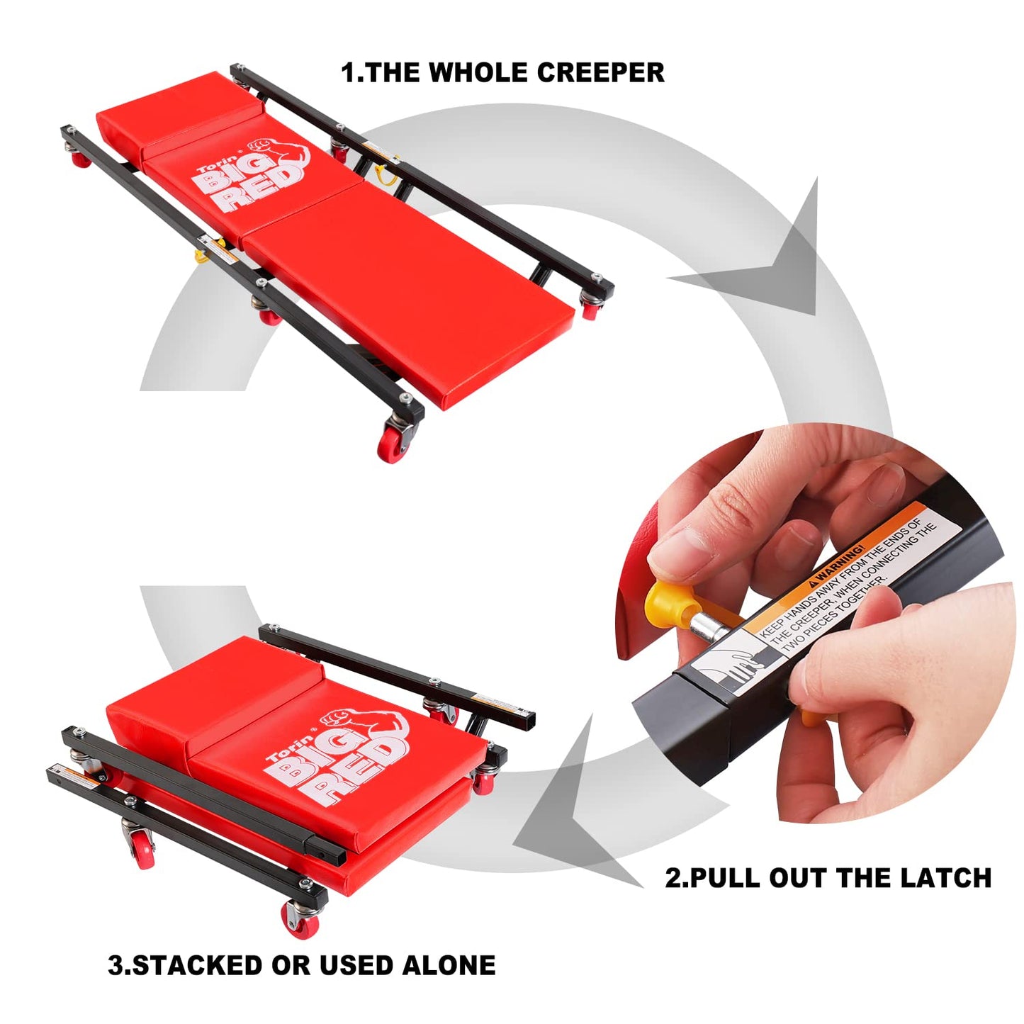 Torin BIG RED Rolling Garage/Shop Creeper: 2-Piece, 36" Padded Mechanic Cart with Headrest and 6 Casters, Alloy Steel Plastic