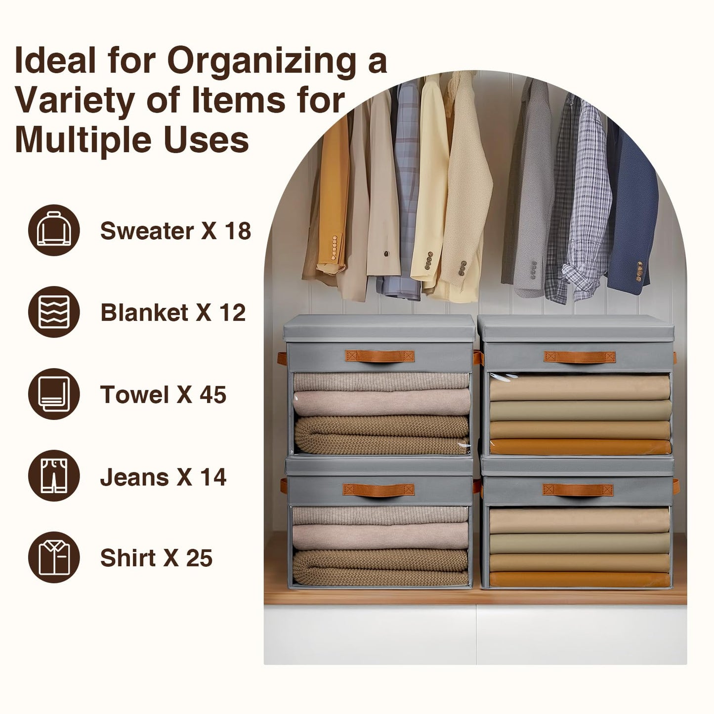 Large Fabric Storage Boxes with Lids & Clear PVC Window Foldable Grey 38L