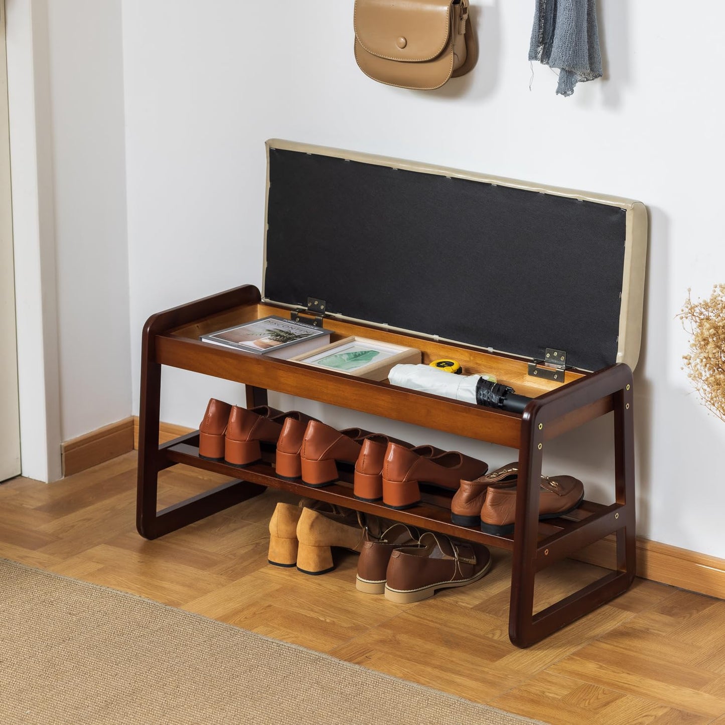 SOBIBO Solid Wood Shoe Bench, 2-Tier Entryway Bench with Cushion and Flip-Open Storage Box, Mid-Century Modern Shoe Bench Rack for Hallway
