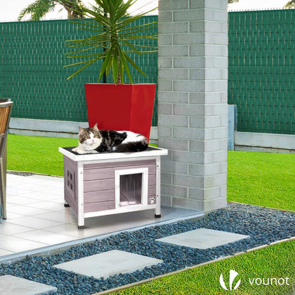 VOUNOT? Cat House Garden Wooden Kitten Home with Water-resistant Openable Roof, Privacy Window Outdoor Pet Shelter 57x45x43cm, Grey