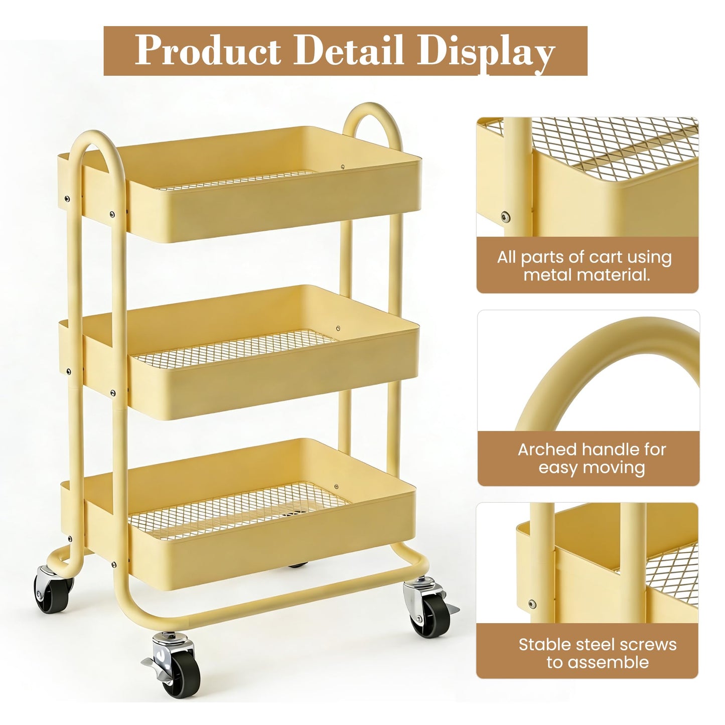 Mordchil EU 3 Tier Metal Utility Cart with Lockable Wheels for Storage, Rolling Utility Trolley Storage Cart for Home & Office, Khaki