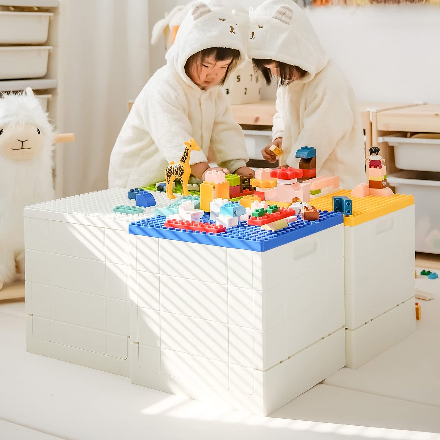 SHIMOYAMA Collapsible Storage Box with Baseplate Lid for Duplo, 25L Stackable Bin with Separate Building Board for Lego