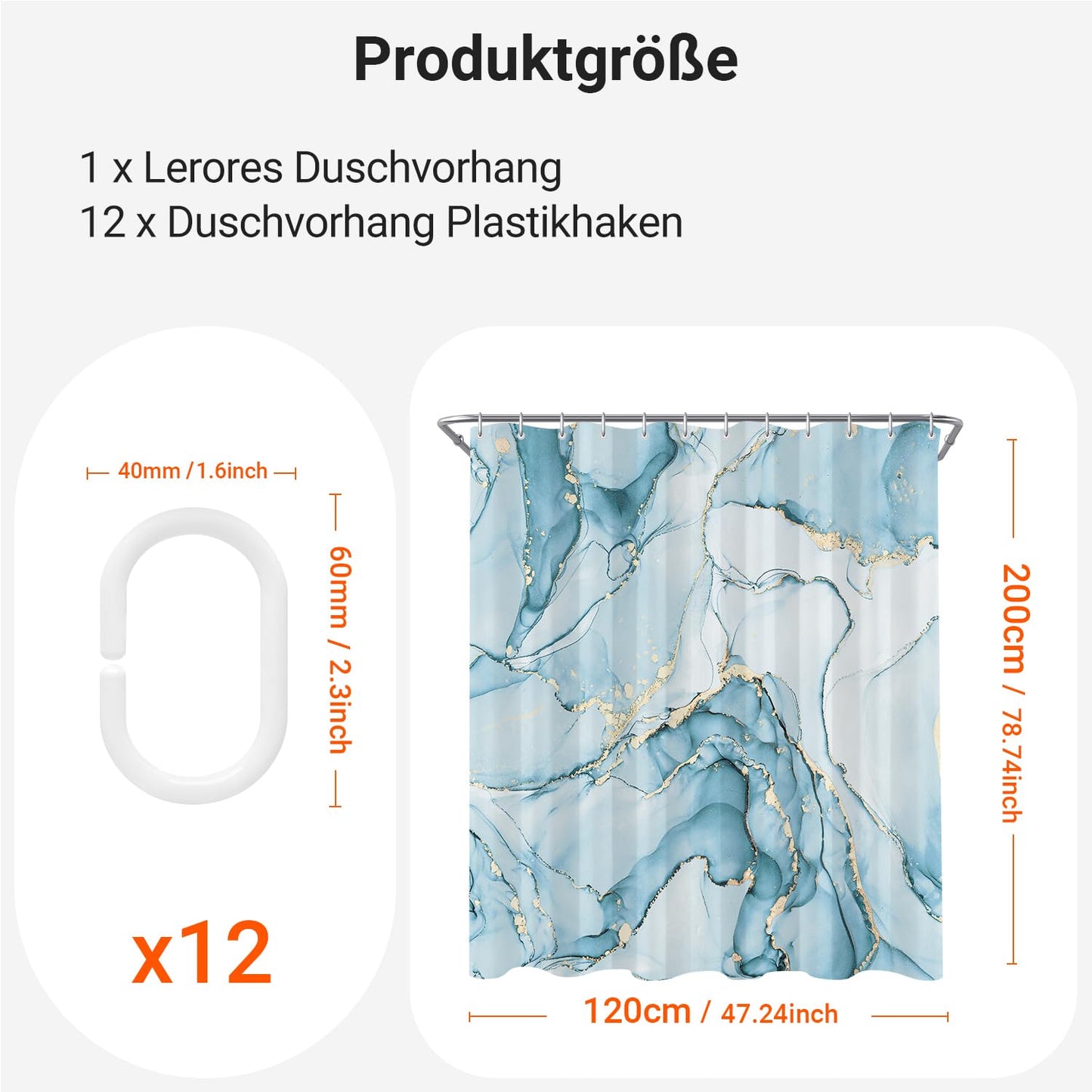 Lerores Shower Curtain, 120 x 200 cm, Light Blue Marble, Weighted Hem, Anti-Mould, Water-Repellent