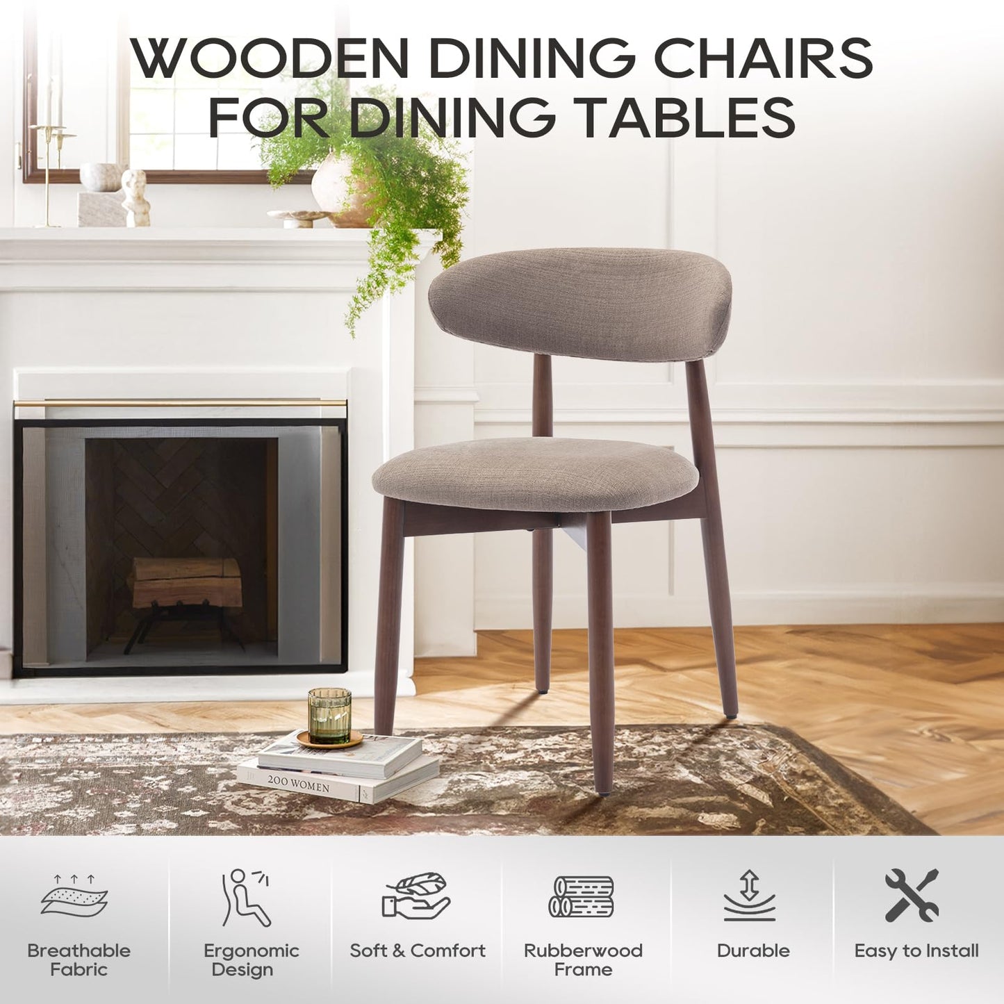 COLAMY Modern Dining Chairs Set with Wooden Legs – Upholstered Fabric Dining Room Chairs with Curved Backrest, Soft Cushion Seat