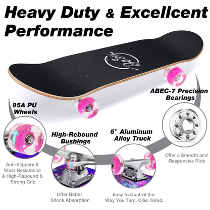 BELEEV Skateboards, 31 x 8 inch Complete Skateboard for Beginners, 7 Layer Canadian Maple Double Kick Deck Concave Cruiser Trick Skateboard for Kids