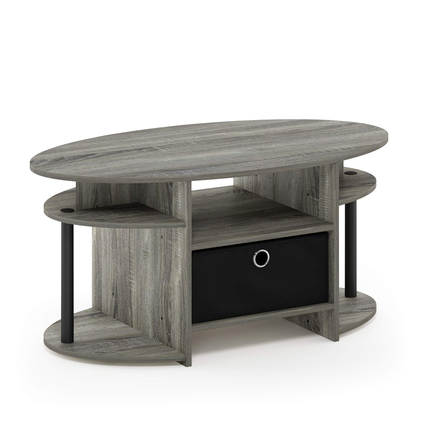 Furinno JAYA Coffee Table, Oval Modern Coffee Table with Shelves and Storage Bin, Side Table, for Living Room, Bedroom, Home Office, French Oak