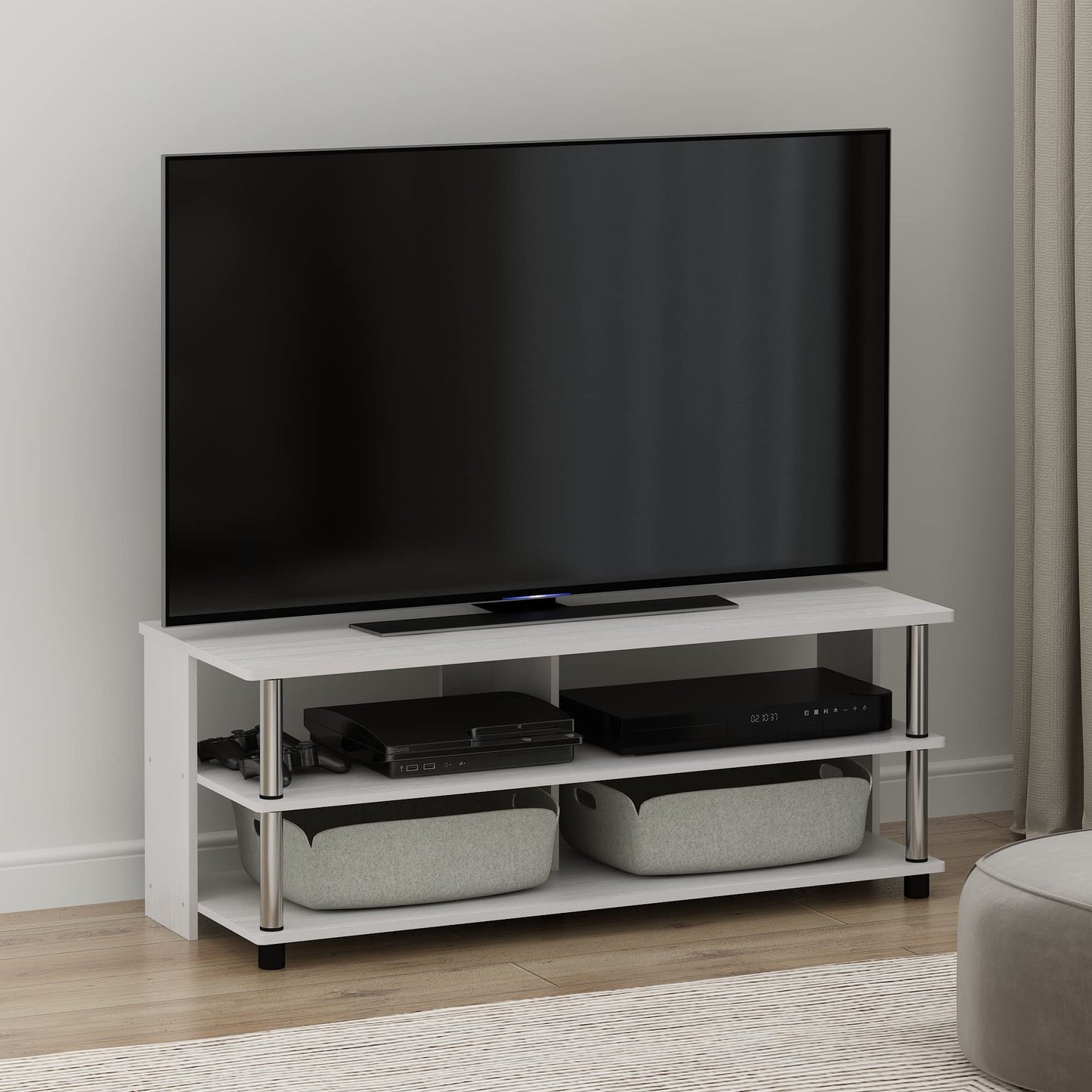 Furinno SULLY TV Stand, 3-Tier Rectangular Entertainment Center with Open Shelf, TV Console for TV up to 48 Inch, Open Frame for Cable Management