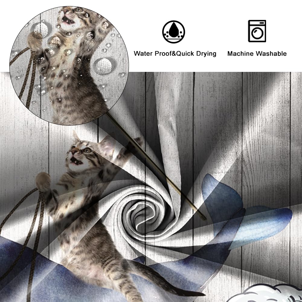 SDOTPMT 180x180cm Funny Cat Riding Whale Shower Curtain Vintage Wood Floor Japanese Sea Ocean Wave Bath Curtain Cute Cartoon Bathtub Curtain for