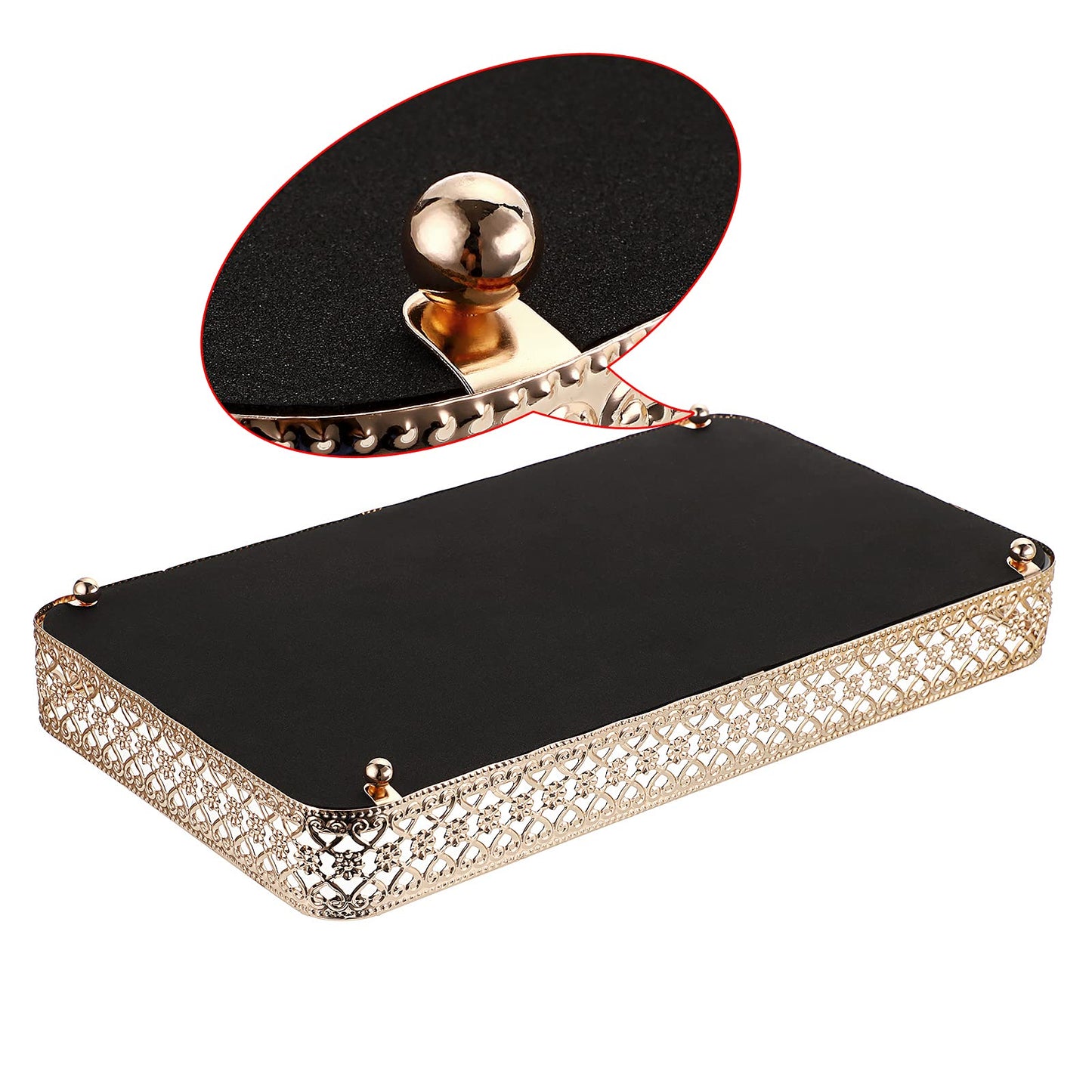 ELLDOO Gold Perfume Tray Mirror Tray Makeup Vanity Tray Hollow-Carved Jewelry Tray Glass Metal Trinket Storage Tray Home Organizer Decorative Tray