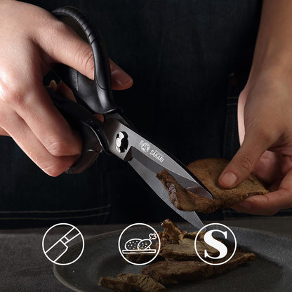 MITSUMOTO SAKARI Japanese Kitchen Scissors All Purpose, Black Titanium Plated Heavy Duty Kitchen Scissors, Multipurpose Cooking and Herb Scissors,
