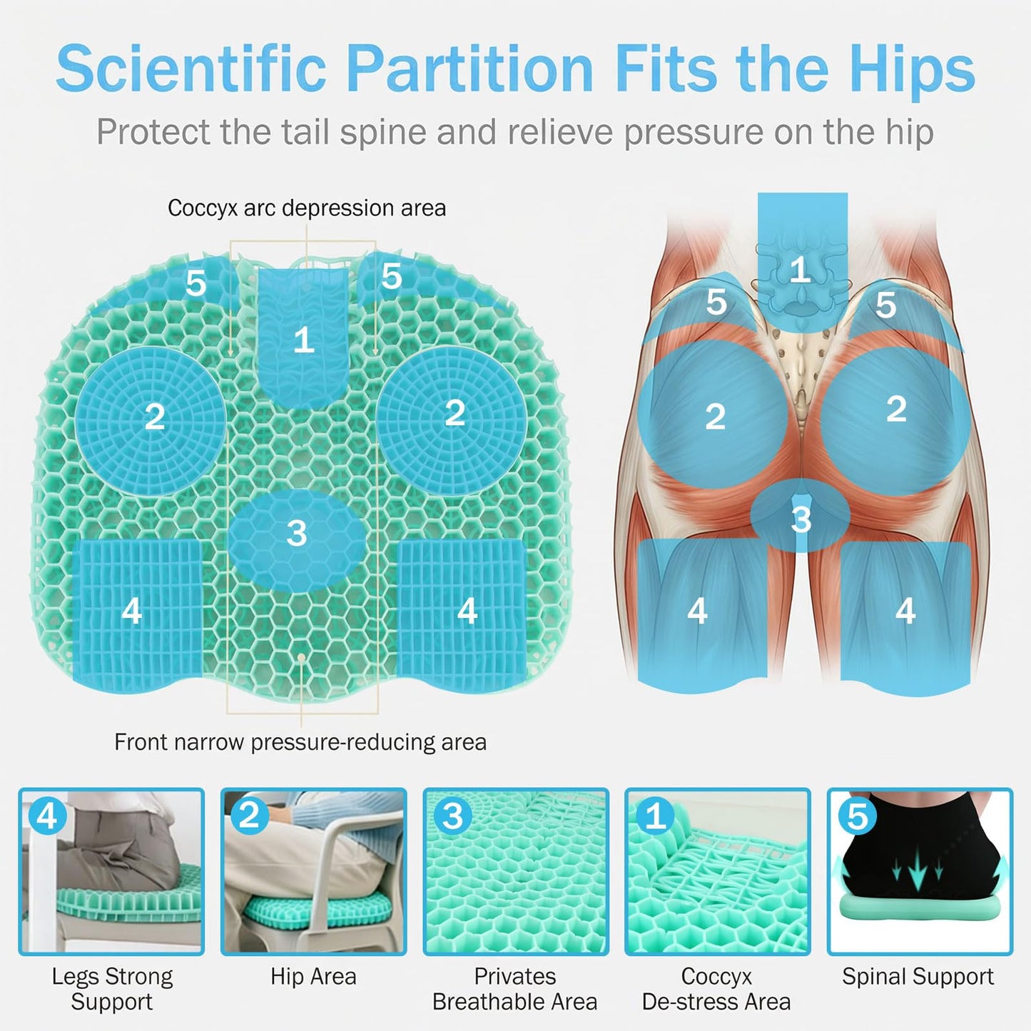 wiksite Gel Seat Cushion - Double Thick Egg Seat Cushion for Long Sitting Cool Breathable Honeycomb Design Chair Gel Cushion for Support and