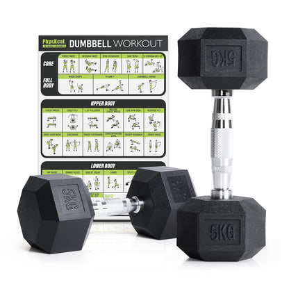 PhysKcal Hex Dumbbells Set 5kg Pair, Odourless Poly Rubber Encased Dumbbells 2.5KG 5KG 7.5KG 10KG 12.5KG 15KG 20KG Pair or Single Home Gym Weights