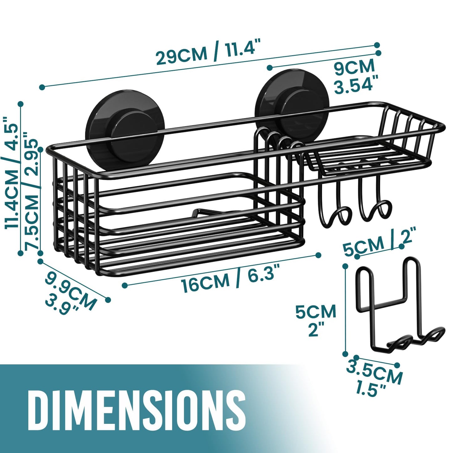 TAILI Suction Shower Caddy Stainless Steel Rustproof Suction Cup, Black