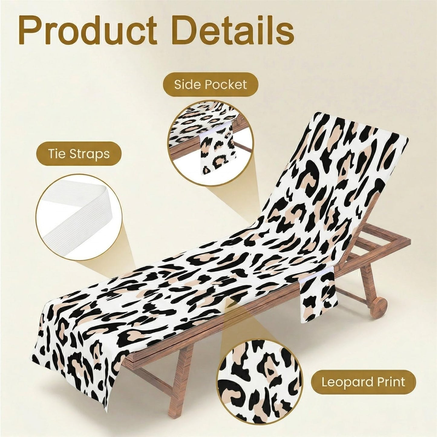 Surwin Sun Lounger Towel with Pockets, Leopard Print Beach Towel Chair Cover Sunbed Towels Lounger Bag for Summer Holiday Outdoor Garden Pool